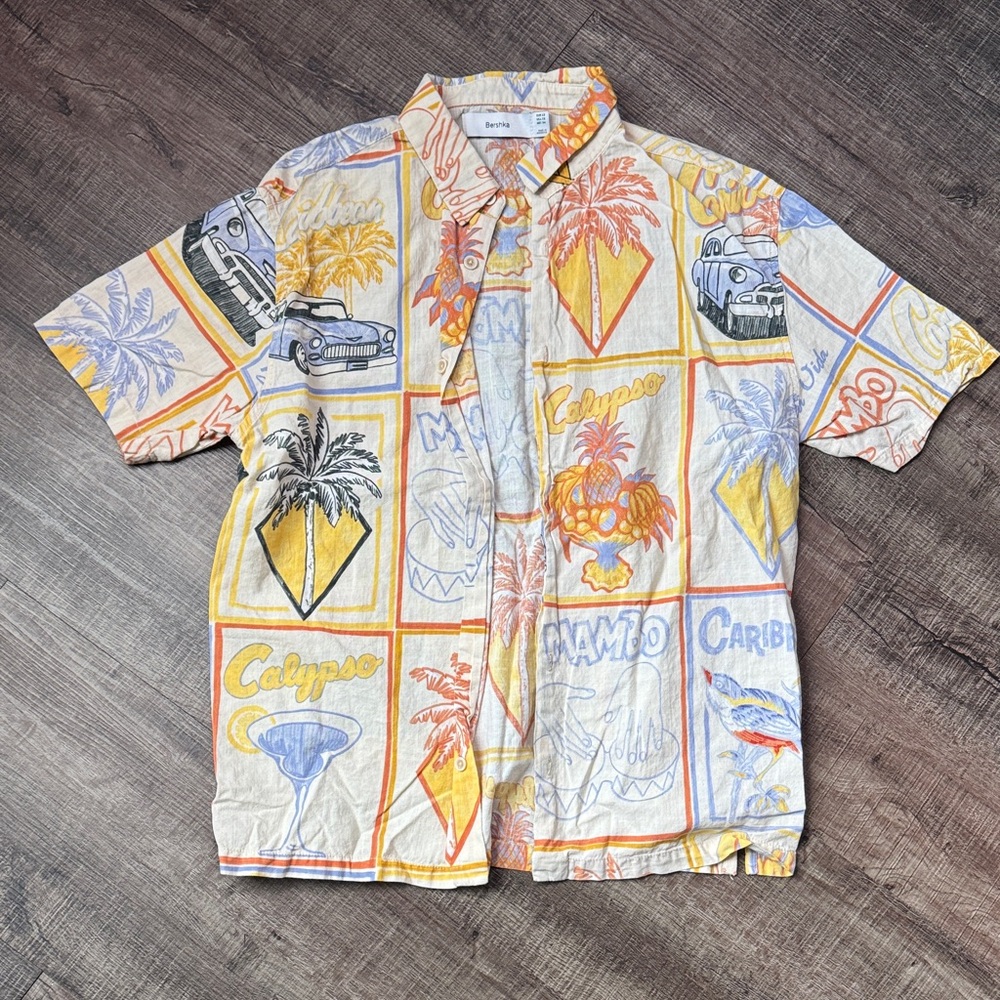 Bershka Short Sleeve Tropical Motif Shirt - White, Yellow, Orange, Blue